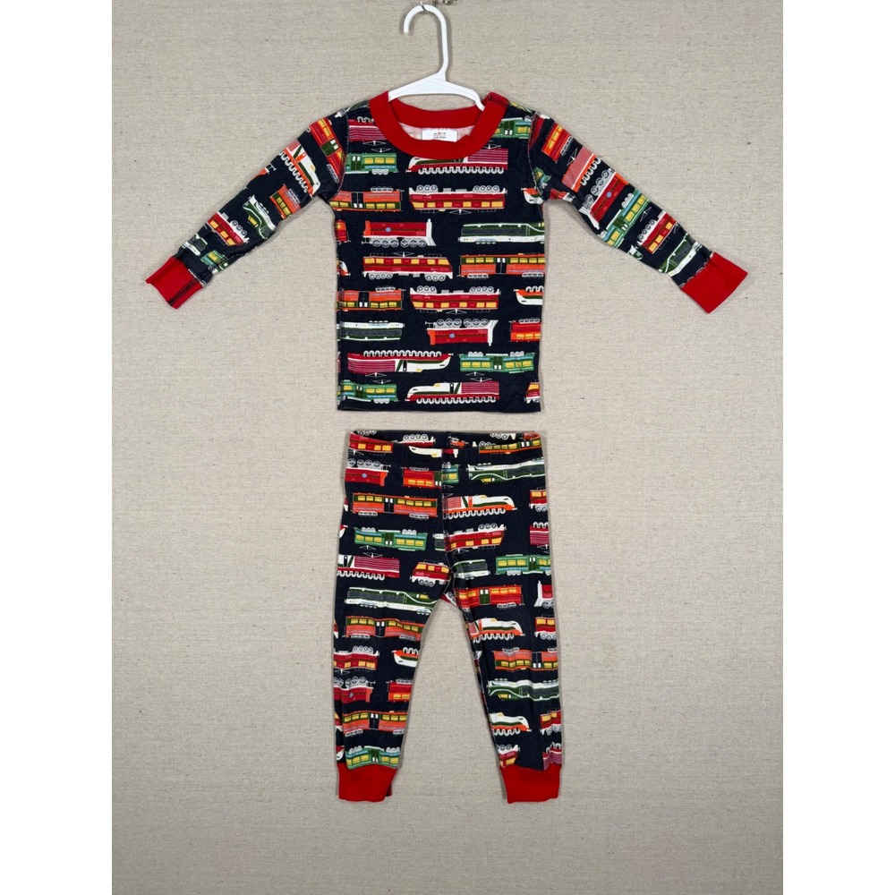 Hanna Andersson Kids Train Print Organic Cotton Pajama Set Navy Red 18-24 Months